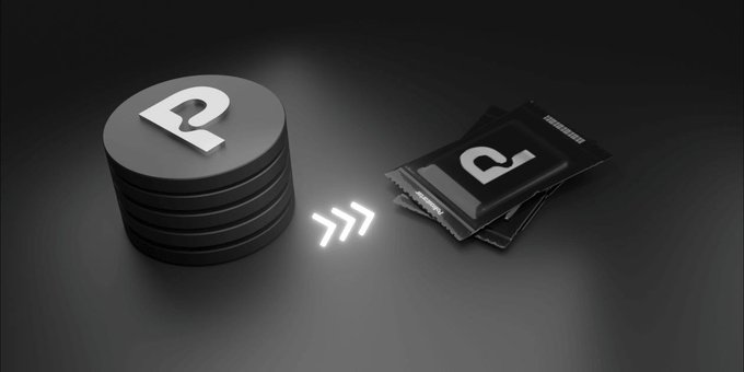 A stack of black chips branded with the Pump letter "P" logo sits beside several sealed card packs bearing the same branding, with glowing arrows between them illustrating the conversion of in-app currency (chips) into purchasable marketplace packs, reflecting the new ability to top up with debit/credit cards starting from a $0.1 pack.