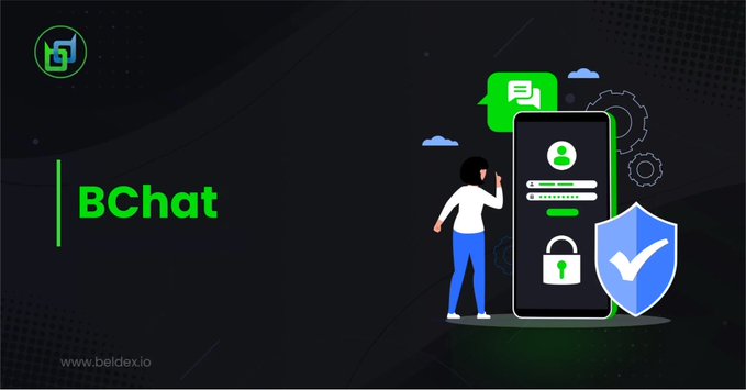 A promotional banner for 'BChat' featuring a cartoon figure standing next to a smartphone with chat and security icons, with the URL 'www.beldex.io' at the bottom.