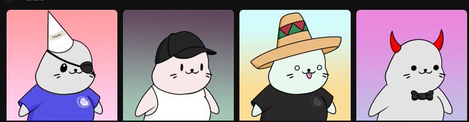 Four cartoon cat characters with various accessories including a party hat, baseball cap, sombrero, and devil horns, each displayed on different colored backgrounds.