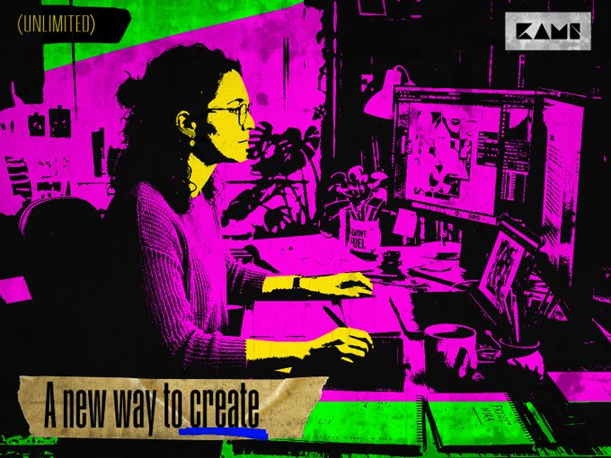 A stylized magenta and yellow graphic shows a person working at a computer with multiple monitors, featuring the text "(UNLIMITED)," "KAMI," and "A new way to create," visually reinforcing the brand's message of empowering creators with tools to produce and manage their work.