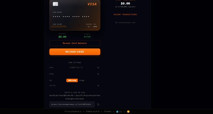 A dark-themed virtual Visa card dashboard interface shows a balance of $0.00, an 'ACTIVE' status, and prominent orange buttons labeled 'REVEAL CARD DETAILS' and 'RELOAD CARD' with card settings below.