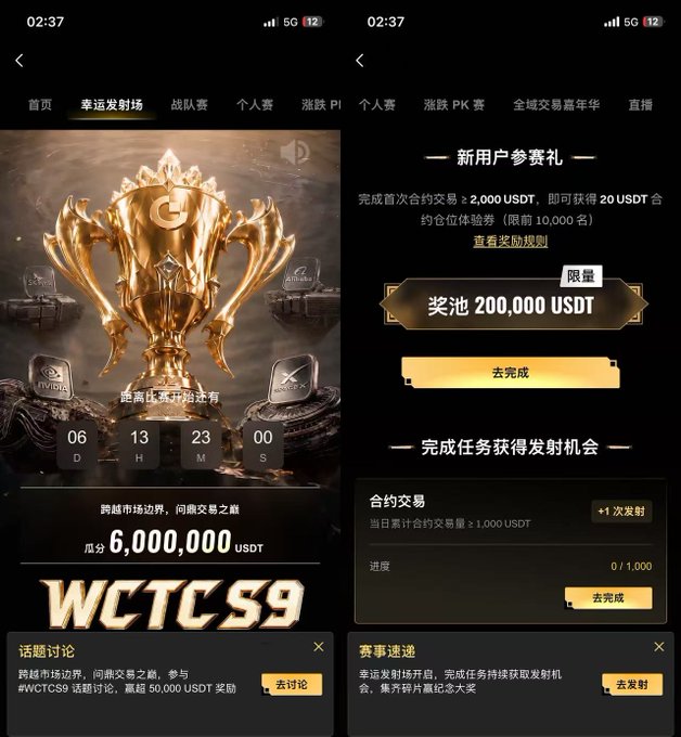 Two screenshots from the Gate.io mobile app showing the **WCTCS9** Lucky Shot event page, featuring a golden trophy with NVIDIA and Galaxy logos, a countdown of 06D 13H 23M 00S, a **6,000,000 USDT** prize pool, and an individual competition section detailing a "200,000 USDT" prize pool with tasks to complete futures trading volume for launch opportunities. The screenshots visually support the post's message by highlighting Gate's massive airdrop prize pool that traders often overlook.
