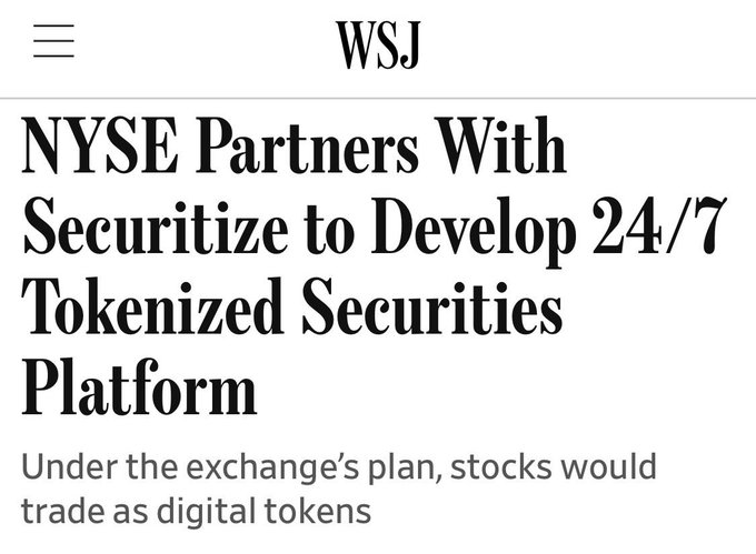 A screenshot of a page from a website with an article titled "NYSE Partners With securitize to develop 24/7 tokens platform".