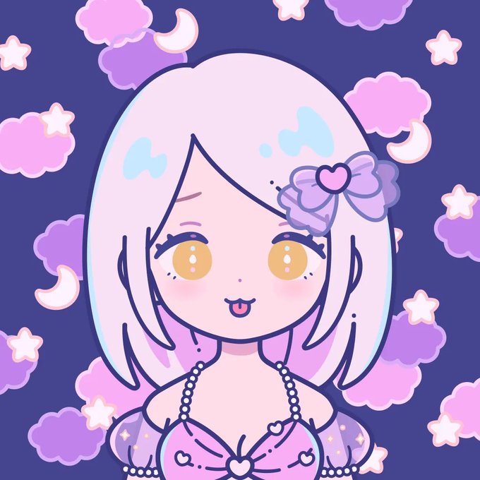 A cartoon illustration of a girl with light pink hair, yellow eyes, and a heart hair accessory, wearing a pink dress against a starry purple background with clouds and moons.
