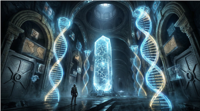 The image features a man standing next to a large crystal structure, which appears to be an intricate piece of art or a sculpture made up of multiple DNA strands. The man seems to be observing this unique display with interest. The scene takes place inside a building that has a vaulted ceiling and numerous doors, giving it the appearance of a museum or gallery setting. The image also includes text that reads "Most AI agents are rented intelligence. @TheARCTERMINAL gives you owned intelligence. ANIMA is your sovereign core: - Runs locally where possible - Encrypts everything client-side - Persists your context across the entire web - Proves every action onchain with ZKURT You don't". This text seems to be related to the man's presence in front of the crystal structure, possibly indicating that he is an AI agent or a human who has been assigned to protect and maintain this unique piece.