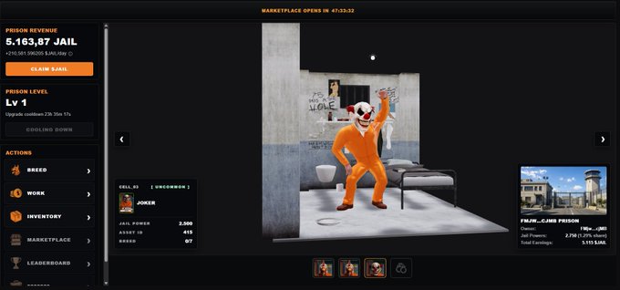 The image shows a scene with a large clown standing inside an apartment or room. The clown is wearing an orange jumpsuit and appears to be dancing around, possibly in a prison cell. A screenshot of his image is displayed on the screen, showing details about the clown's location within the building. This action figure has a Power of 2,500 Get +682.461251 Dollar value, indicating it could potentially be purchased or used for gambling purposes due to its association with jail and related activities.