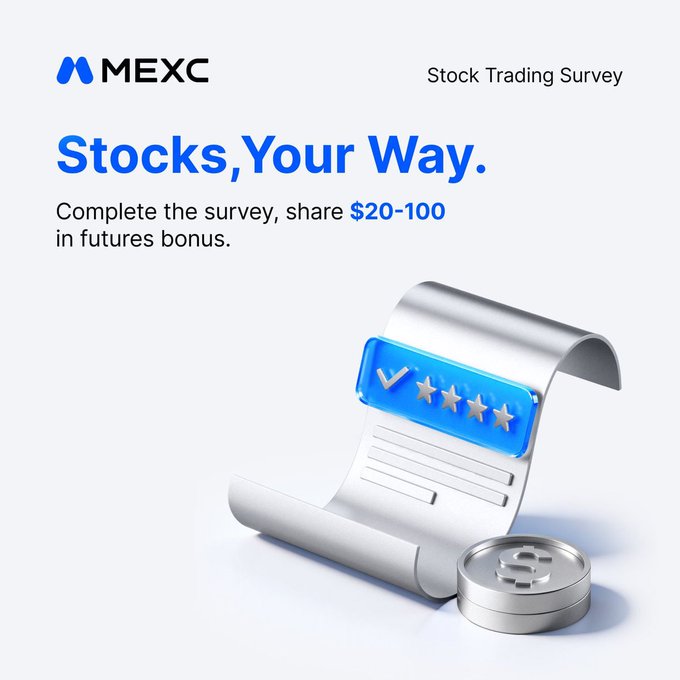 A promotional graphic from MEXC for their "Stock Trading Survey," featuring the headline "Stocks, Your Way" and offering a $20-100 futures bonus for completion, illustrated with a 3D scroll showing a star rating and a dollar sign coin to align with the post's call for community feedback by September 5, 2026.