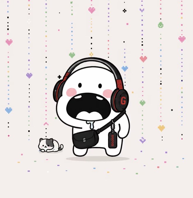 A cute cartoon illustration of a white dog wearing large black and red gaming headphones and a fanny pack, standing next to a small black-and-white cat against a pixelated background.