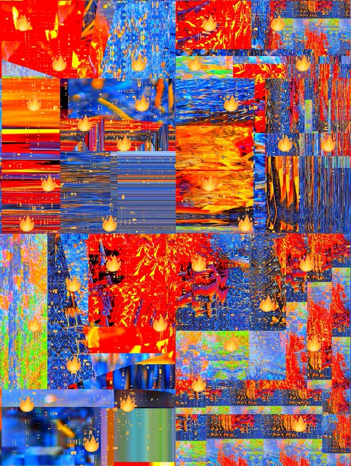An abstract digital collage composed of multiple rectangular panels featuring vibrant red, blue, and orange patterns, overlaid with small flame icons.
