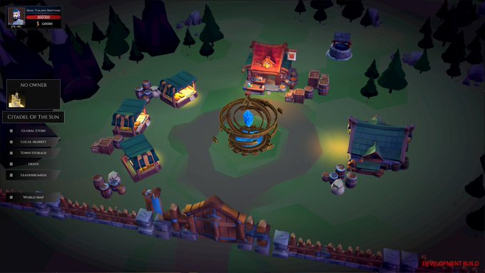 A screenshot of a video game screen with an open area filled with colorful houses, trees, and buildings set against a dark background. On the left side of the screen, there's a block of text that reads "Step into Mirandus: Eternal Night!". The rest of the image focuses on the details of this unique video game setting where players must gather their courage to step in and explore.