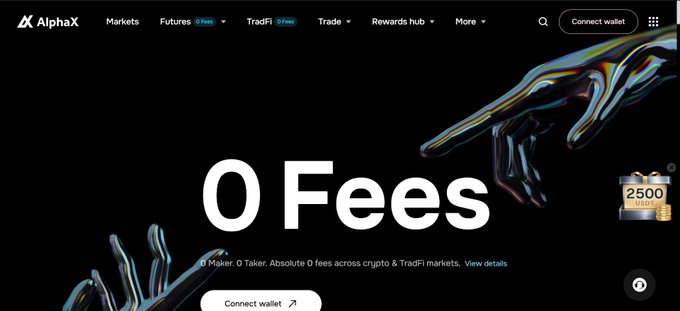 A screenshot of the AlphaX cryptocurrency exchange website homepage prominently displaying '0 Fees' with text '0 Maker. 0 Taker. Absolute 0 fees across crypto & TradFi markets,' featuring metallic hand graphics and navigation for Markets, Futures, TradFi, Trade, and Rewards hub.