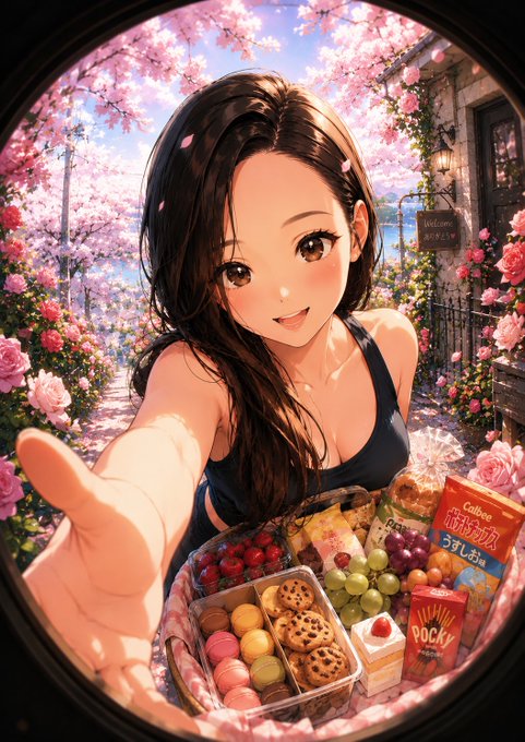 The image features a woman with long brown hair, dressed in black clothing, holding out her hand towards a basket filled with various food items such as cookies, grapes, and other snacks. The scene takes place outdoors, with cherry blossom trees visible behind the woman. The image also includes text that reads "Is anyone home for afternoon tea? I finally received my 𝕏 payout since 7 months ago! Grateful to everyone reading your posts and to 𝕏!"