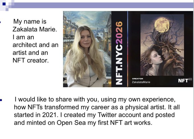 A slide introducing Zakalata Marie as an architect, artist and NFT creator, featuring a photo of her alongside an NFT.NYC 2026 promotional graphic for her creator profile.