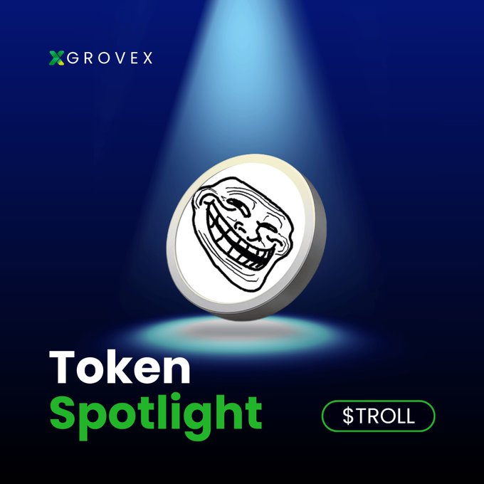 A 'GROVEX' promotional graphic features a spotlight on a 'TROLL' coin displaying the classic troll face meme, with text reading 'Token Spotlight'.
