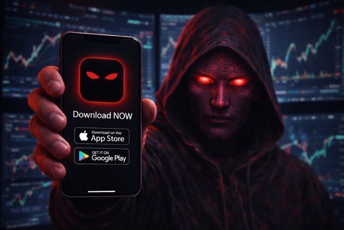 The image features a person holding up an iPhone with a red screen, displaying a message that says "Download Now" along with an app store link. The person appears to be wearing a hoodie or a cape-like garment, giving them a mysterious appearance. The background of the image is dark and filled with computer screens, which further emphasizes the focus on technology and digital content.