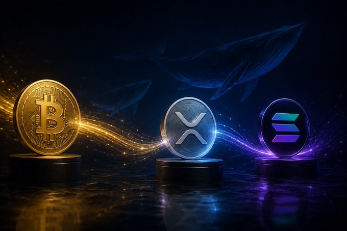 A stylized 3D rendering displays three glowing cryptocurrency coins—Bitcoin, XRP, and Solana—arranged on pedestals with swirling light trails, set against a dark background featuring faint silhouettes of whales.