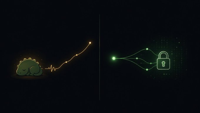 A dark-themed digital illustration depicting a green dinosaur on the left with a flatlining orange line transitioning to an upward trend, alongside a green network diagram leading to a padlock icon on the right.