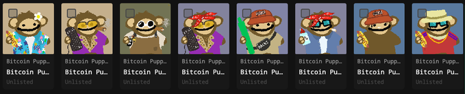 A row of eight NFT collectibles featuring various "Bitcoin Puppet" characters with different hats, outfits, and accessories, all labeled "Unlisted".