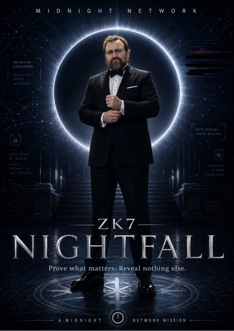 A man in a tuxedo stands confidently before a glowing eclipse-like ring, with the text "ZK7 NIGHTFALL — Prove what matters. Reveal nothing else" and "A Midnight Network Mission" displayed prominently, aligning with the post's emphasis on privacy, selective disclosure, and the $NIGHT token's tagline.