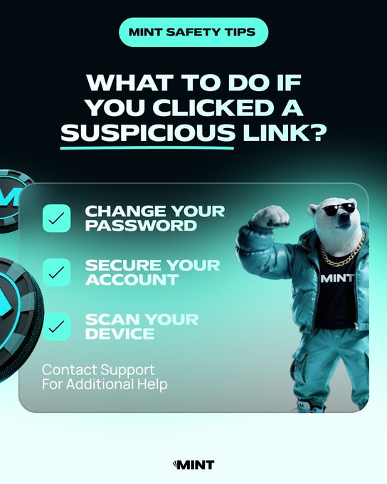 Mint safety tips graphic titled 'WHAT TO DO IF YOU CLICKED A SUSPICIOUS LINK?' advising to change your password, secure your account, and scan your device, featuring a polar bear character in a blue tracksuit and sunglasses.