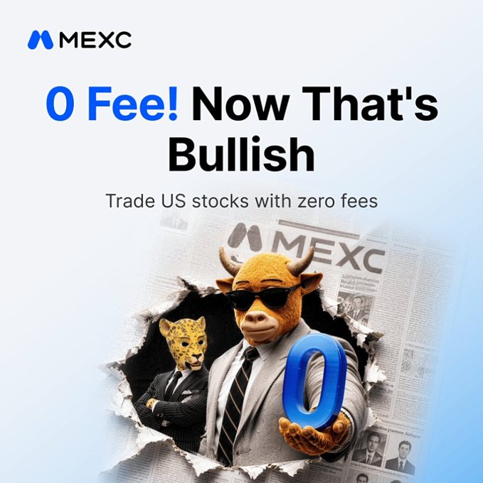 A MEXC cryptocurrency exchange advertisement reading '0 Fee! Now That's Bullish - Trade US stocks with zero fees' features a bull wearing sunglasses holding a large blue '0', alongside a leopard in a suit breaking through newspaper.