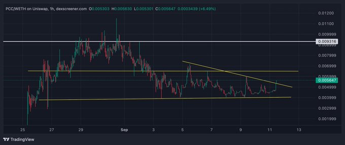A 1-hour candlestick chart of **PCC/WETH** on Uniswap shows the pair trading at **0.005247** (up **+6.49%**), consolidating within a falling wedge/triangle pattern near the **0.005303** support level after rejecting from the **0.009316** resistance, suggesting a potential breakout setup consistent with the post's bullish thesis.