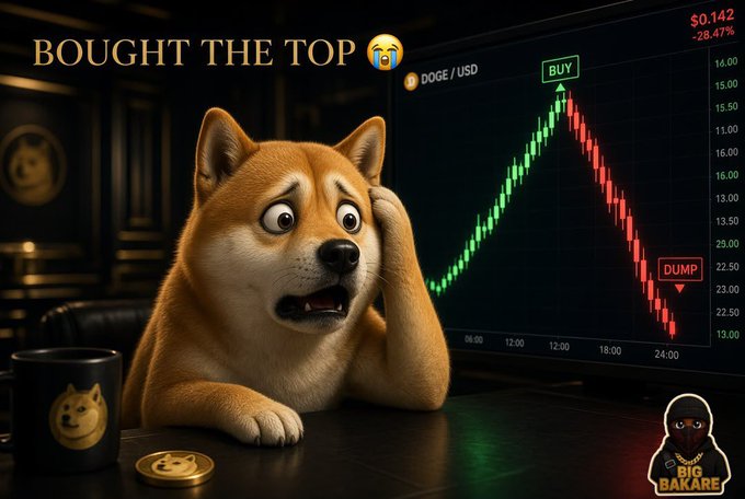 A meme-style image showing a shocked Doge (Shiba Inu) character with text 'BOUGHT THE TOP 😭' looking at a DOGE/USD trading chart that shows a green rally peaking at 'BUY' followed by a sharp red 'DUMP' decline, with a 'BIG BAKARE' logo in the corner.