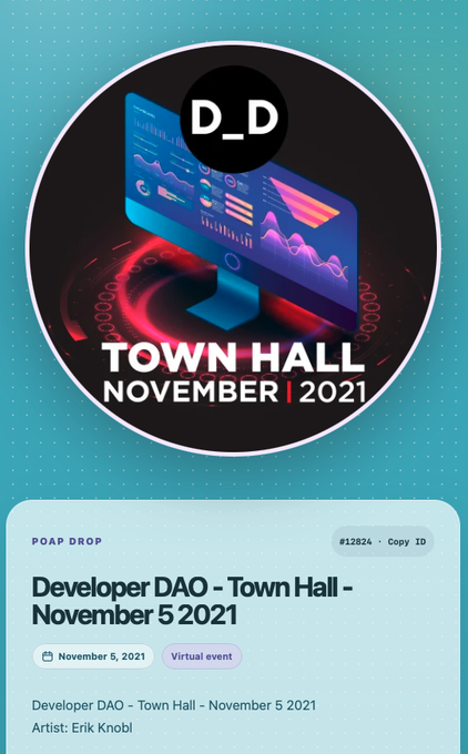 A POAP digital collectible card for 'Developer DAO - Town Hall - November 5 2021' featuring a 'Town Hall November 2021' design with D_D branding.