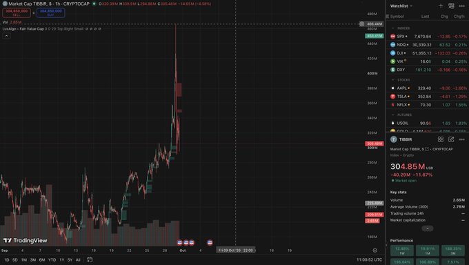 The image displays a TradingView chart of TIBBIR/USD (TIBBIR TGE) showing a price spike to around $408 with a 6.34% gain, and a $304.85M market capitalization on the watchlist sidebar.

The chart visually reinforces the post's message about conviction—the massive late-September/early-October price spike (over 1,000% surge) serves as evidence backing the claim that long-term belief in $TIBBIR pays off more than chasing new tokens repeatedly.