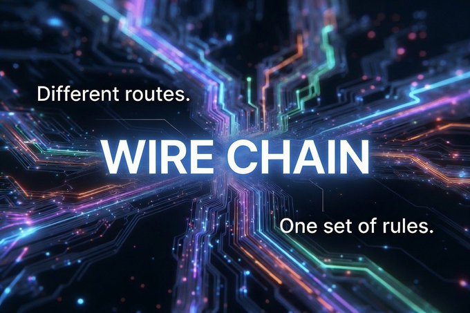 A vibrant digital circuit board background with glowing multicolored pathways converging into a central network displays the text "Different routes. WIRE CHAIN One set of rules."

The image visually reinforces the post's message about interoperability in crypto—showing how diverse, colorful routes (representing various blockchains) all connect through a single unified framework, just as city streets share common traffic rules to function as one cohesive system.