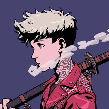 An anime-style illustration shows a white-haired character in side profile wearing a red studded jacket, with a patterned tattoo on the side of the neck, while carrying a large sword across the shoulders and exhaling smoke. The image matches the announced reveal of “Ace” card art based on “Azuki #6699,” owned by @SteveG60117.