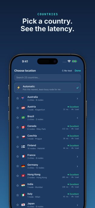 A mobile app screen displaying 'Pick a country. See the latency' with a list of countries like Australia, Austria, Brazil, and Canada showing ping times and load percentages.