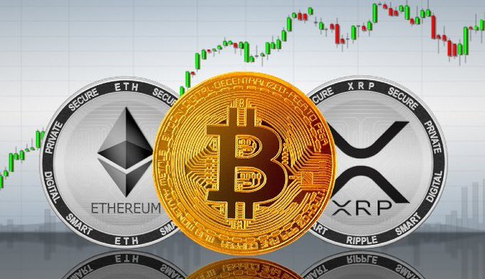 Three physical-style cryptocurrency coins—Bitcoin (orange/gold, center), Ethereum (silver, left), and XRP/Ripple (silver, right)—are displayed against a backdrop of green and red candlestick price charts, visually reinforcing the post's theme of net positive ETF inflows across BTC, ETH, XRP, and SOL.
