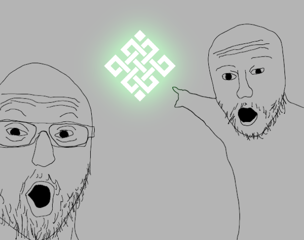 A simple line drawing of two bald, bearded men (wojak-style) with shocked expressions pointing at a glowing green geometric symbol between them.