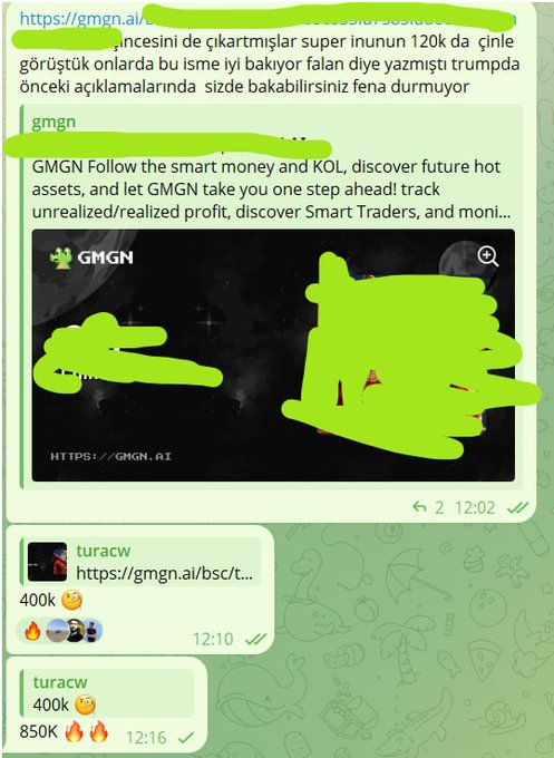 A Telegram chat shows a GMGN.ai promotion post claiming "120k" and "BSC" addresses, with user "turacw" celebrating gains of "400k" and "850k" at timestamps 12:10 and 12:16, alongside messages in Turkish discussing cryptocurrency trading gains and team membership, which relates to the accompanying caption promoting "7X in 15 minutes" returns and team recruitment.