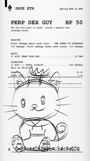 A character card styled as an NFT titled 'PERP DEX GUY' with 'HP 50' and 'SAVE ETH', describing a trading-themed character with abilities like 'THE POWER OF LEVERAGE' and 'HYEE LOYALITY', featuring a sketch of a cat-like creature and the token address '0x89cee08a99ca...b4c9d506'.