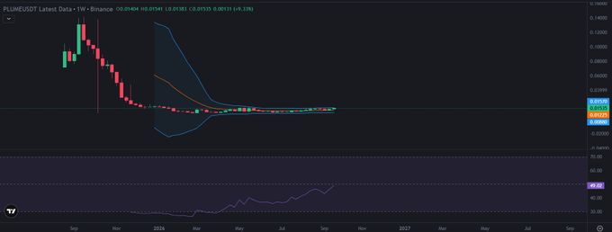 A candlestick trading chart for the PLUME/USDT pair on Binance, showing a steep price decline with a blue shaded forecast area and an RSI indicator at the bottom.