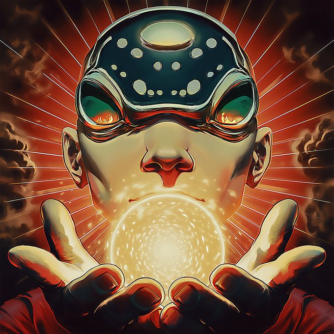 A digital illustration depicts a figure wearing a dark patterned mask, holding a glowing yellow orb in both hands against a dramatic red, sunburst background.