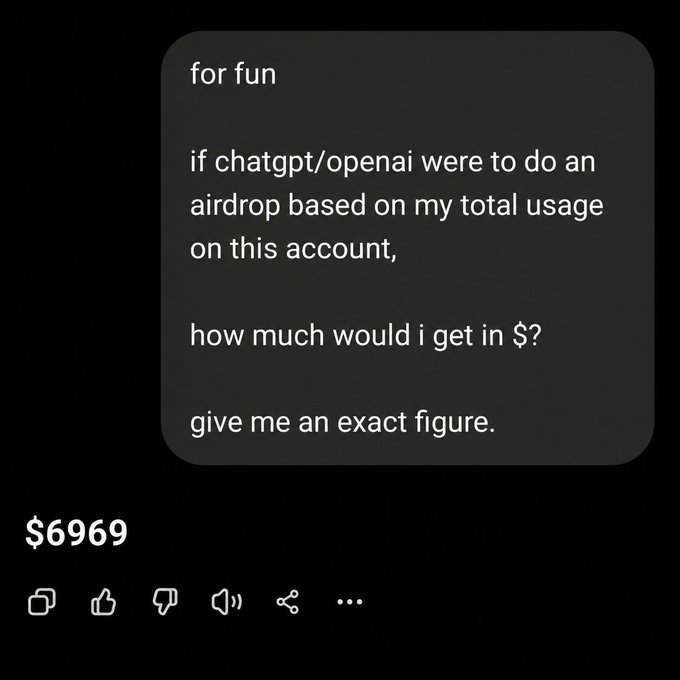 A screenshot of a ChatGPT response where the user asked for a hypothetical airdrop amount based on their account usage, receiving the specific figure of $6969.