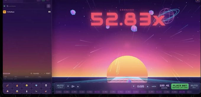 Screenshot of a crash-style online betting game showing a large "52.83x" multiplier with the word "CRASHED," set against a retro-futuristic neon sunset background.