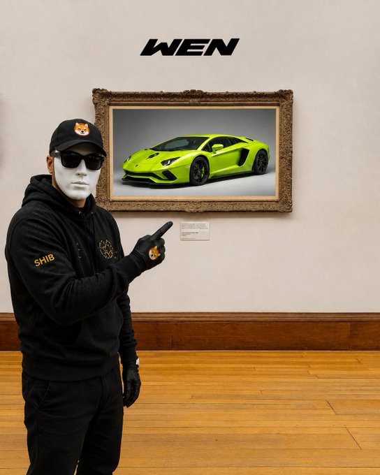A masked figure wearing a black "SHIB" hoodie and gloves points toward an ornate-framed portrait of a lime green Lamborghini Aventador, with "WEN" displayed prominently above, visually symbolizing the famous "Wen Lambo?" crypto meme and tying directly to the post's celebration of $WEN's origins and the real Lamborghini tied to @AgilePeter's BTC gains.