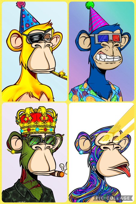 A colorful 2x2 collage of four cartoon monkey characters wearing party hats, 3D glasses, a crown, and a psychedelic pattern, created with PicCollage.