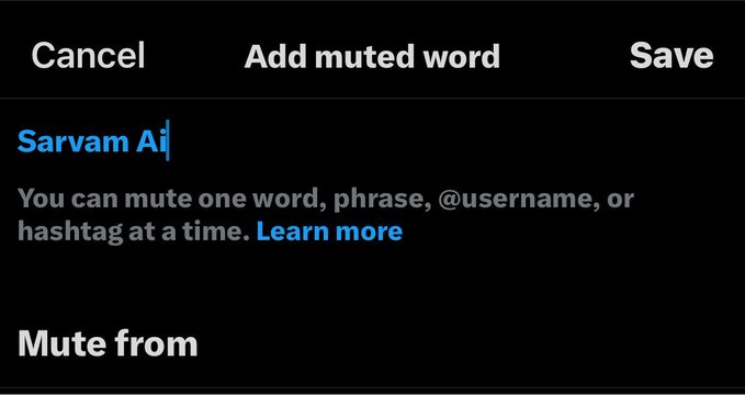 A screenshot of Twitter's 'Add muted word' settings menu with 'Sarvam AI' typed in the input field.