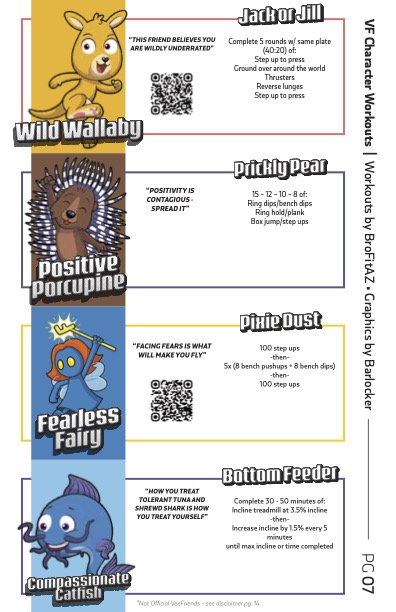 A workout guide poster titled 'Jack or Jill' featuring VR character workouts by BrendALZ Graphics, including 'Wild Wallaby', 'Positive Porcupine', 'Fearless Fairy', and 'Compassionate Catfish' with QR codes.
