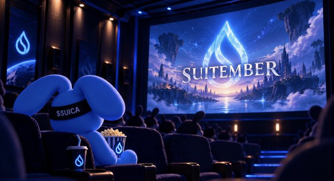 A blue mascot rabbit wearing a '$SUICA' headband sits in a theater holding popcorn, watching a screen that displays the Sui logo and the text 'SUITEMBER' against a fantasy landscape.
