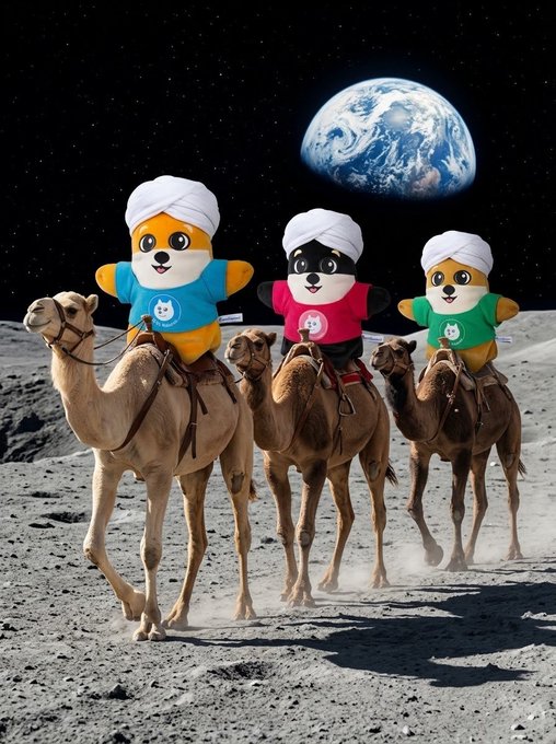 Three cartoon Shiba Inu mascots wearing turbans ride camels across a lunar landscape with Earth in the background, whimsically tying into the "$SHIBU" (a play on $SHIB and camel/UAE imagery) "Hump Day" pun as they literally hump along on their mounts.