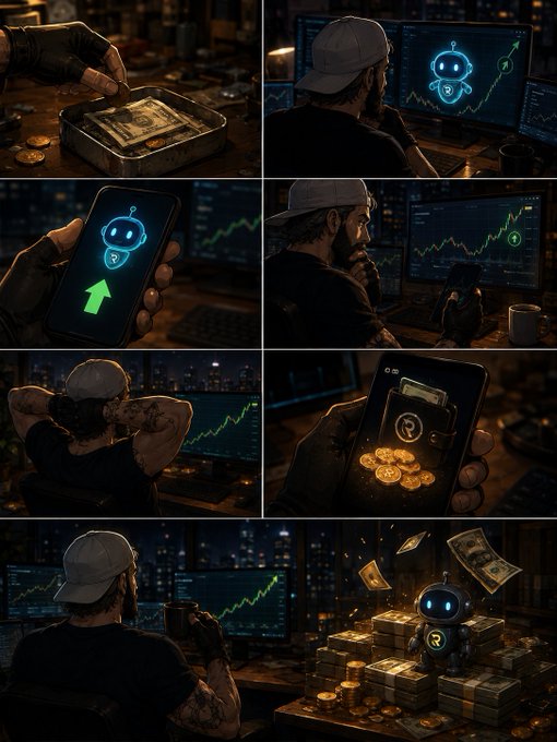 The image shows a montage of a trader using an indicator bot featuring a blue robot mascot on his phone and computer screens, watching green upward-trending charts, with the final scene depicting stacks of cash and the robot icon symbolizing wealth generated from a small $10 starting investment. The collage visually narrates the post's story of a modest $10 capital growing into $600 after following the bot's automated buy signal.