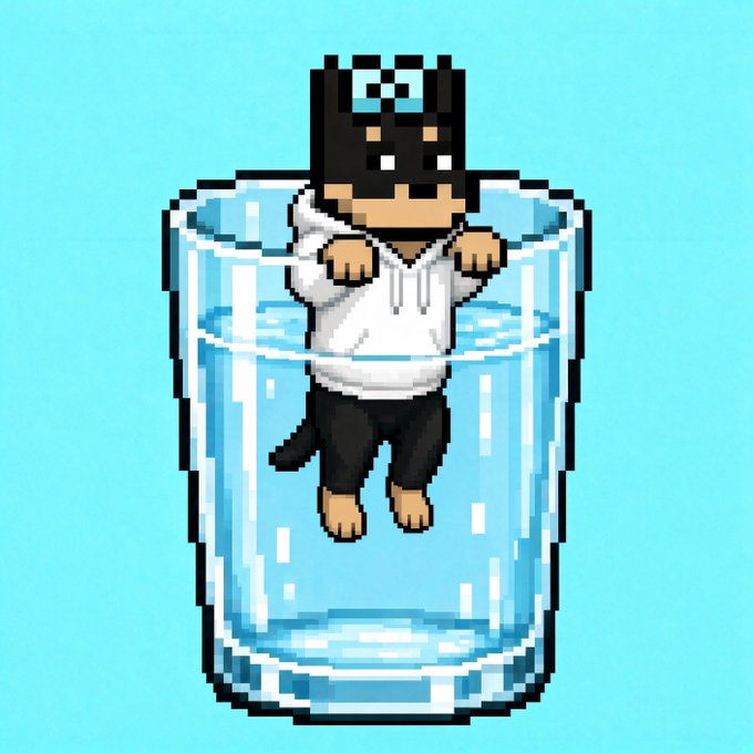 A pixel-art illustration shows a cat wearing sunglasses and a white hoodie sitting inside a clear glass of water against a light blue background, depicting the 'cat in water' internet meme.