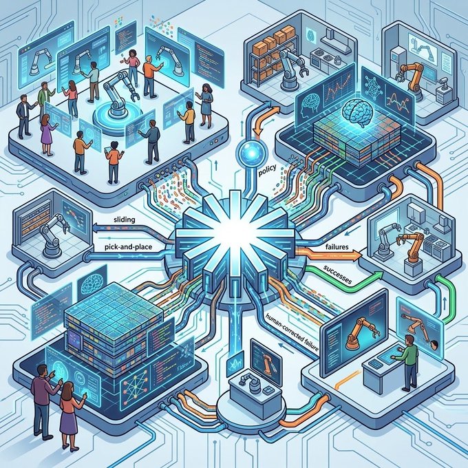 An isometric digital illustration depicting a robotics and AI training ecosystem, showing interconnected stations for pick-and-place, sliding, and policy tasks, with labeled flows for 'failures', 'successes', and 'human-corrected failures' between humans, robotic arms, and computer systems.