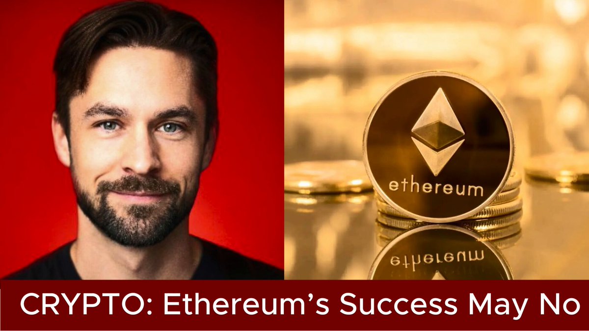 The image features a man with a beard wearing a black shirt against a red background. The main focus of the image is a stack of coins, which are labeled "Ethereum's Success May No", indicating that the man is promoting or discussing the success of Ethereum in the context of this image.